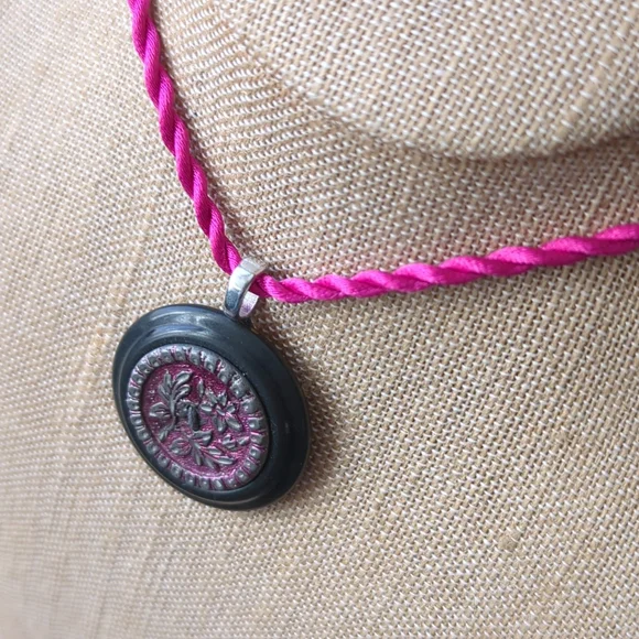 WHIMSY HOUSE I Upcycled Celluloid & Victorian Floral Metal Button Necklace - Picture 10 of 11